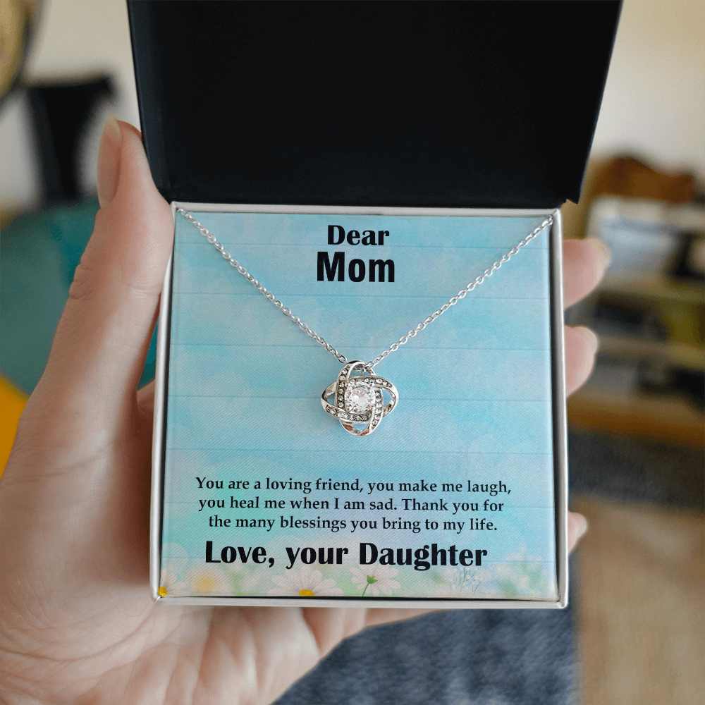 Love Knot Necklace for Mom - Heartfelt Gift for Daughter to Mother on Birthday, Anniversary, Wedding - 'You Heal Me, Make Me Laugh & Bring Blessings' Engraved Token of Appreciation