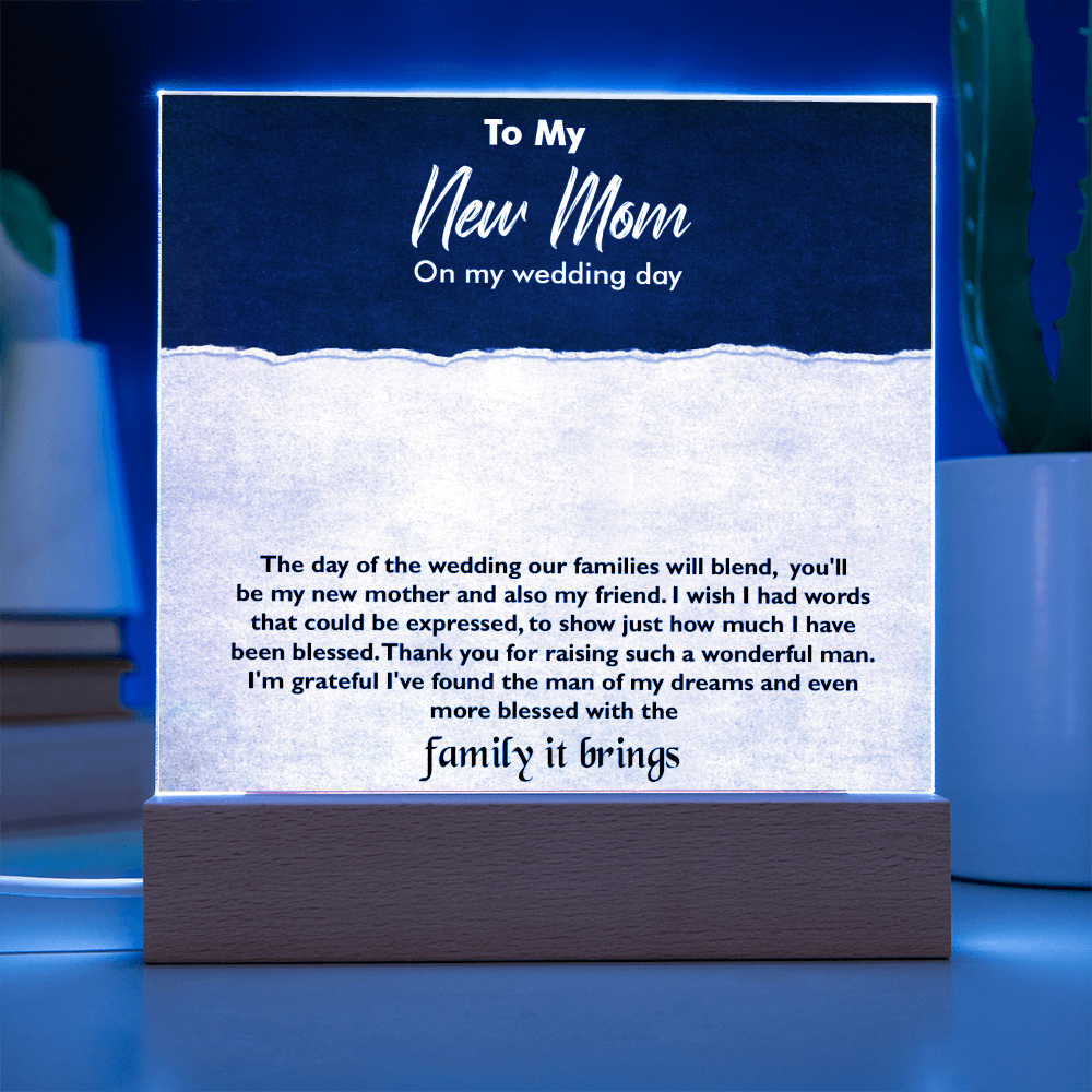 To My New Mom Acrylic Square Plaque – Heartfelt Gift for Stepmom or Mother-in-Law, Loving Message Keepsake from Son or Daughter, Elegant Decorative Gift for Mother's Day, Wedding, or Special Occasion