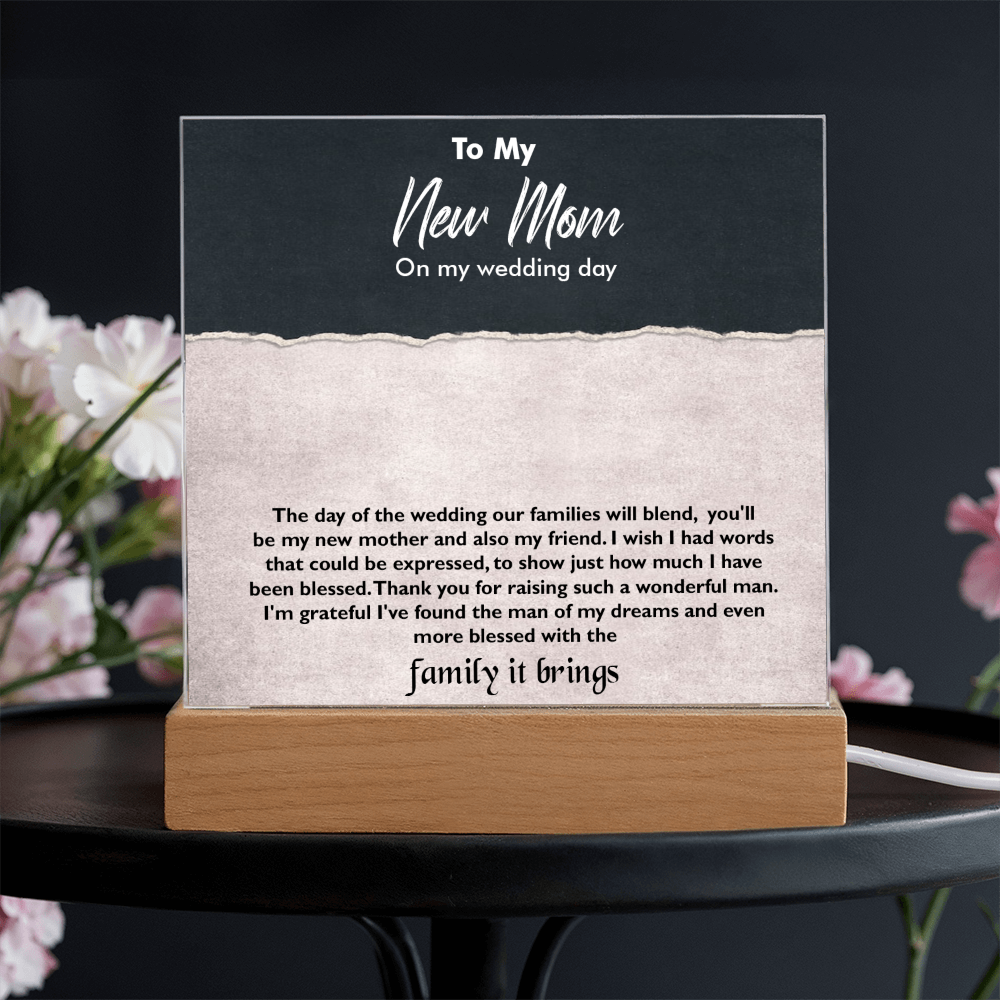 To My New Mom Acrylic Square Plaque – Heartfelt Gift for Stepmom or Mother-in-Law, Loving Message Keepsake from Son or Daughter, Elegant Decorative Gift for Mother's Day, Wedding, or Special Occasion