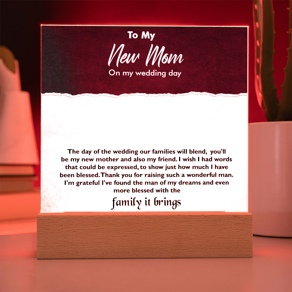To My New Mom Acrylic Square Plaque – Heartfelt Gift for Stepmom or Mother-in-Law, Loving Message Keepsake from Son or Daughter, Elegant Decorative Gift for Mother's Day, Wedding, or Special Occasion