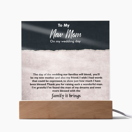 To My New Mom Acrylic Square Plaque – Heartfelt Gift for Stepmom or Mother-in-Law, Loving Message Keepsake from Son or Daughter, Elegant Decorative Gift for Mother's Day, Wedding, or Special Occasion